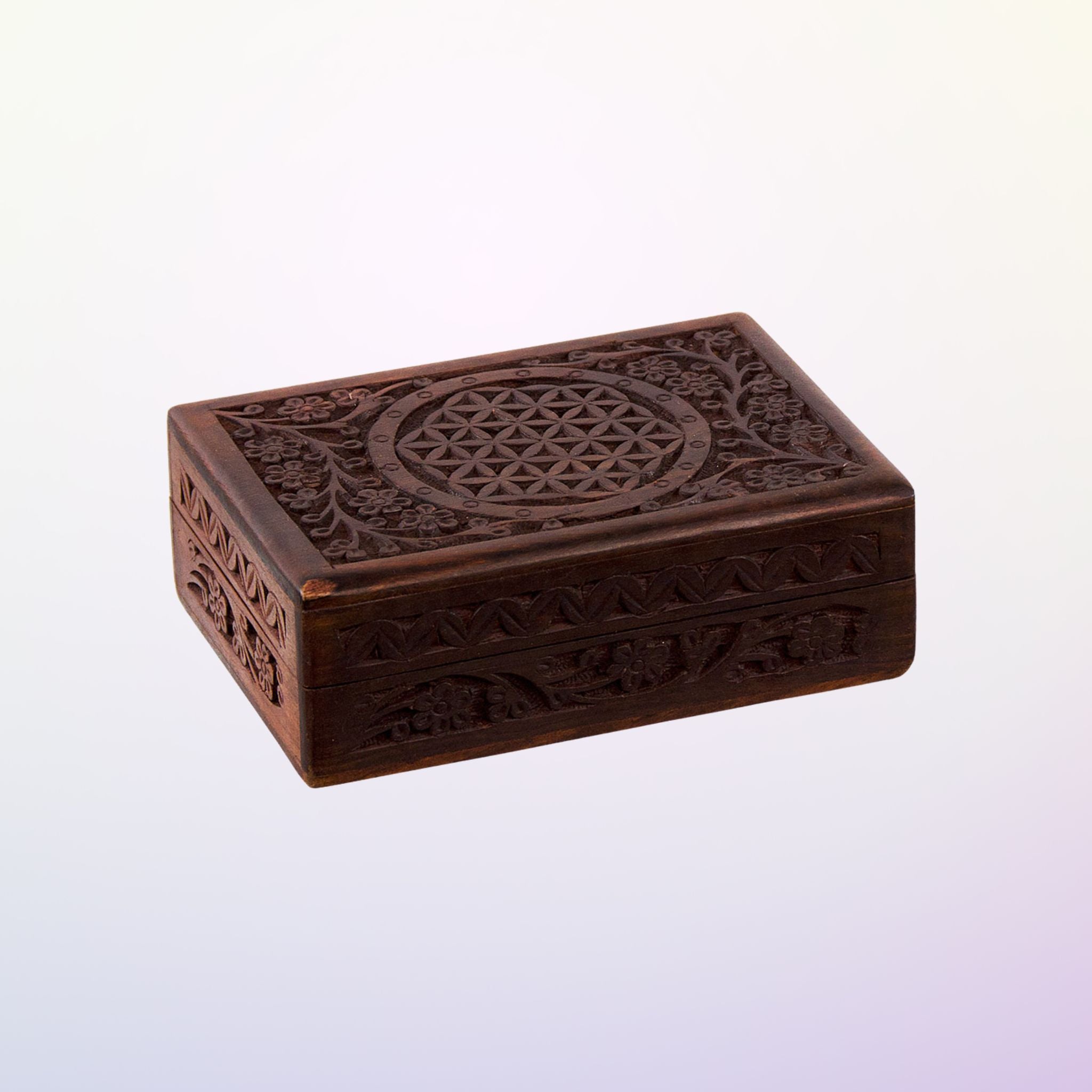 Boîte en Bois Doublée Sculptée - Fleur de Vie